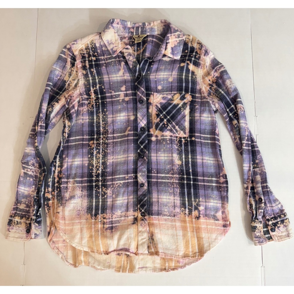 Woolrich Bleach Splatter Plaid Flannel Button Up Shirt Purple Pink Women's Small